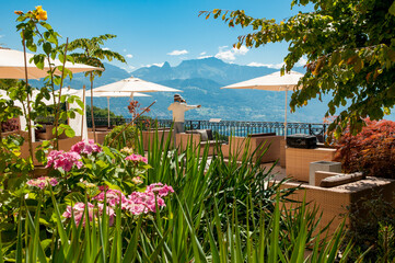 Statues on the sun deck at a hotel overlooking Lake Geneva in Vevey, Switzerland.