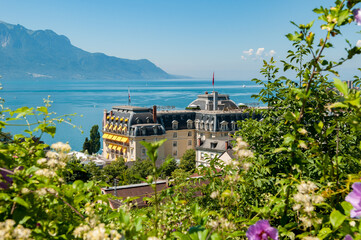View of Lake Geneva over Vevey, Switzerland.
