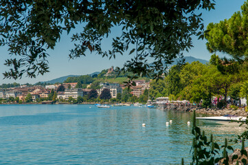 Fototapeta na wymiar View of Lake Geneva over Vevey, Switzerland.