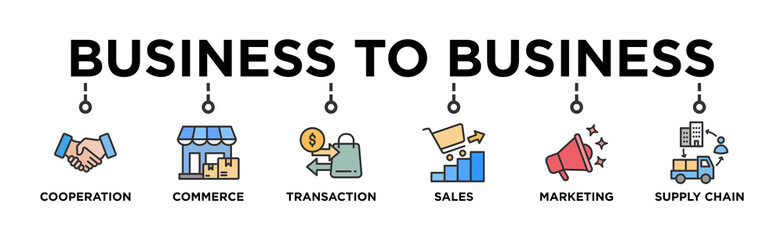 Business to business banner web icon vector illustration concept with icon of cooperation, commerce, transaction, sales, marketing, supply chain