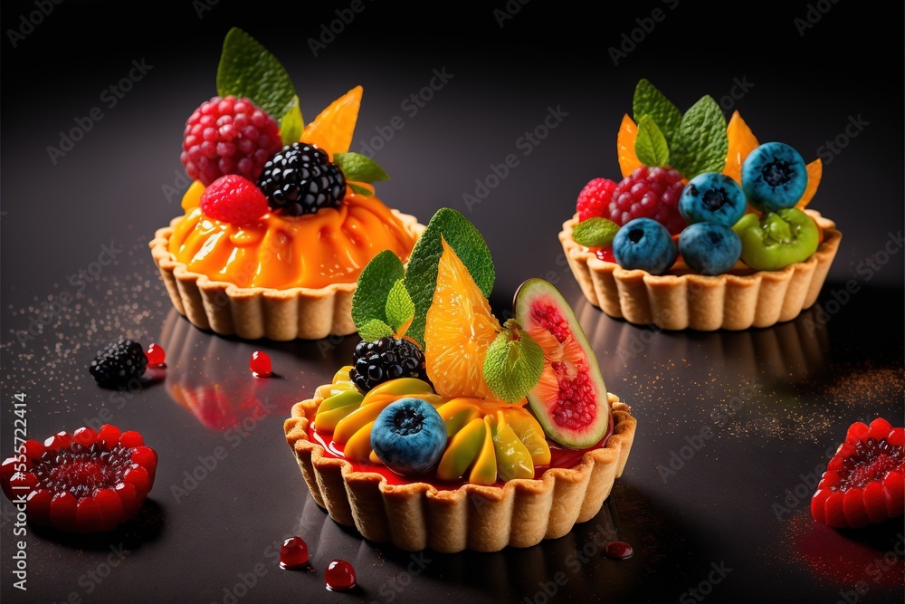 Aufkleber a couple of small tarts with fruit on top of them on a table with a black background and a few other