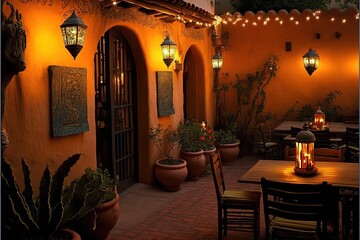 Beautiful traditional mexican interior of living room and patio, bright colors of walls, cathus, tropical leaves, lanterns, majestic arches and stairs, Mexico. AI