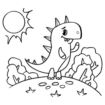 Children's coloring book. Dinosaur walks on the ground. Trees and grass. Vector illustration.