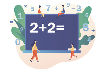 Mathematic class. Arithmetic symbols on chalk board. Tiny people learning math. Education and knowledge concept. Modern flat cartoon style. Vector illustration on white background