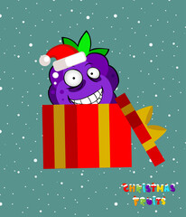 Naklejka premium Christmas fruits with blackberry in present box. Illustration fanny fruits design. Consept Christmas food decore. Healthy food concept. Vegan, vegetarian and diet, sport food. Smoothies and juices