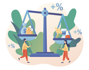 Inflation in economy. Rising food prices. Scales with food and money. Unstable prediction financial problems. Crisis concept. Modern flat cartoon style. Vector illustration on white background