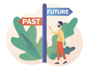 Foto op Canvas Past and future concept.  Move forward metaphor. Tiny man choice between past and future. Business alternative.Modern flat cartoon style. Vector illustration on white background © Marta Sher