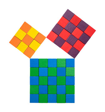 Pythagorean theorem, shown with subdivided colorful wooden cubes. Relation of sides of a right triangle. The two smaller squares together have the same area as the big one. Isolated, from above. Photo