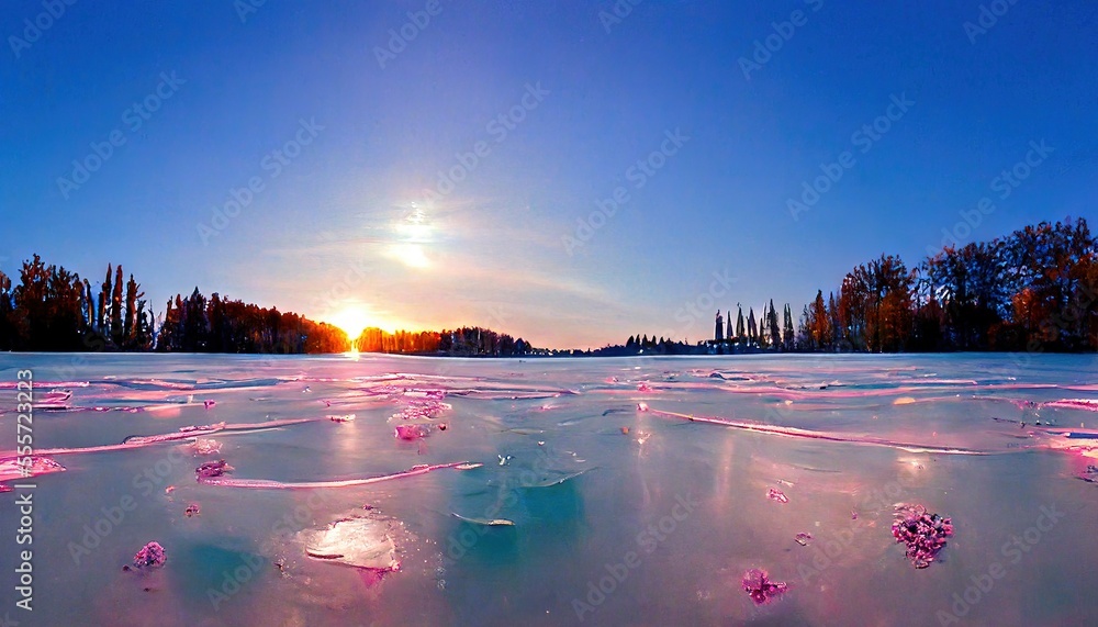Poster a frozen lake with a sun setting in the background and trees in the foreground and a blue sky., generative ai