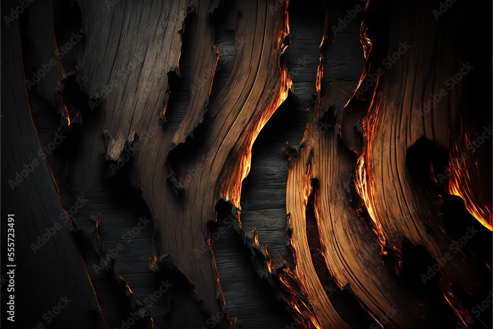 Poster a close up of a wood texture with a dark background and a light reflection on the wood surface and t