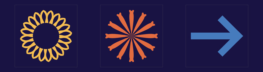 Set of Y2K style vectors of objects. Trendy geometric postmodern figures. Flat minimalist icons. Isolated on black background. Vector illustration