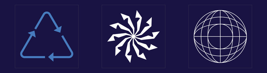 Set of Y2K style vectors of objects. Brutalism star and flower shapes. Flat minimalist icons. Isolated on black background. Vector illustration