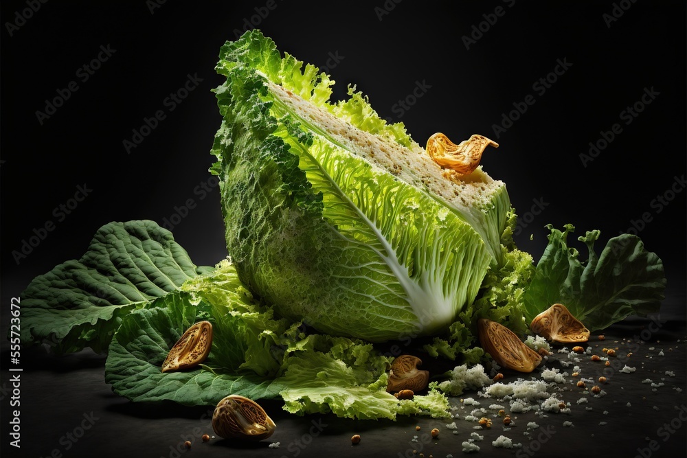 Poster a lettuce with some nuts on top of it and some other vegetables on the side of it., generative ai