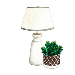 Night lamp and home plant. Watercolor illustration interior of living room. Clipart. Home decor elements on a white background.