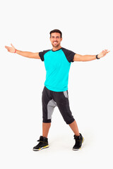 Happy fitness instructor. Happy zumba instructor. Male fitness model.