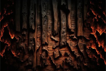 a wood paneled wall with fire and flames in the background and a black background with a black border., generative ai