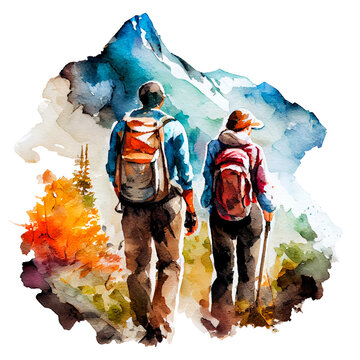 Couple of hikers on the trail in mountains. Rear view. Watercolor illustration isolated on white. AI generated 