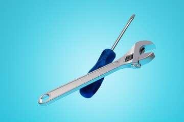 hand tools for repair. screwdriver and wrench on a blue background. 3D render