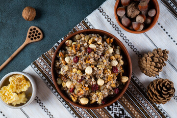 Traditional Christmas kutia. Kutya Ukrainian. Boiled wheat porridge. Slavic holiday ritual dish. Orthodox christmas.