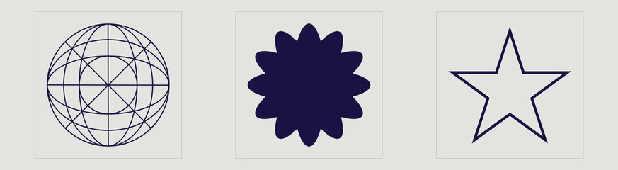 Collection of Y2K elements. Brutalism star and flower shapes. For modern T-shirts designed. Projects, posters, banners. Vector illustration