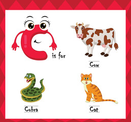 Letter c vector, alphabet c for cow, cobra, cat animals, english alphabets learn concept.