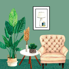 Watercolor illustration interior of living room with interior painting and decor. Clipart. Home decor elements on a white background. Home plant.