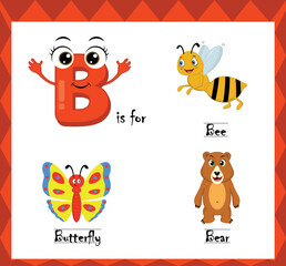 Obraz na płótnie Canvas Letter b vector, alphabet b for bee, butterfly, bear animals, english alphabets learn concept.