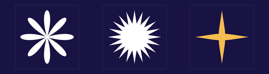 Retro futuristic elements for design. Brutalism star and flower shapes. Templates for notes, posters. Stars, starburst . Vector illustration