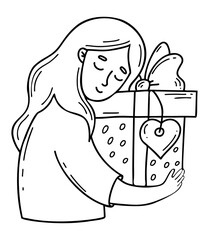 Happy girl with big gift box. Vectorin hand drawn linear doodle. Female character for design of holiday themes, gifts and sales.