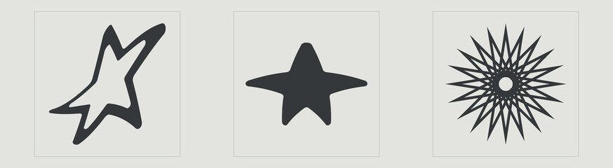 Set of Y2K style vectors of objects. Big collection of abstract graphic geometric symbols. Flat minimalist icons. Stars, starburst . Vector illustration