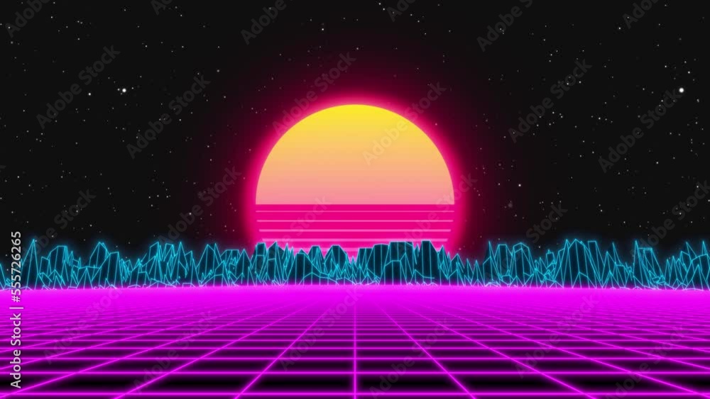 Poster 3d animation of futuristic 80s dynamic synthwave retro style night ride - wireframe - motion design 