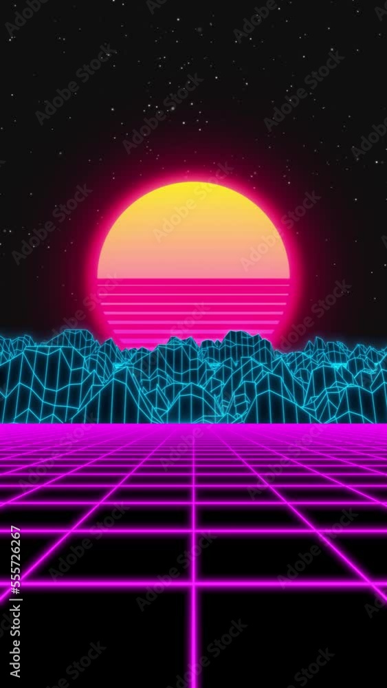 Poster 3d animation of futuristic 80s dynamic synthwave retro style night ride - wireframe - motion design 