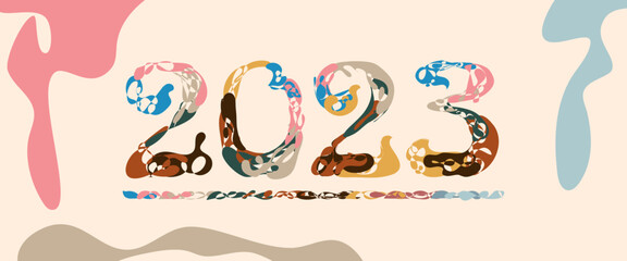 colorful Happy New Year 2023 background. retro 2023 typography abstract design for vector celebration and season decoration, backdrop, branding, banner, cover, card and or social media template.