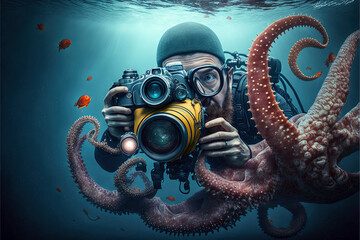 photographer with octopus with camera underwater illustration, generative ai - obrazy, fototapety, plakaty