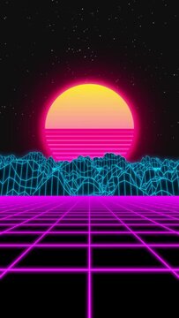 3d animation of futuristic 80s Dynamic Synthwave retro style night ride - wireframe - motion design background - vertical video