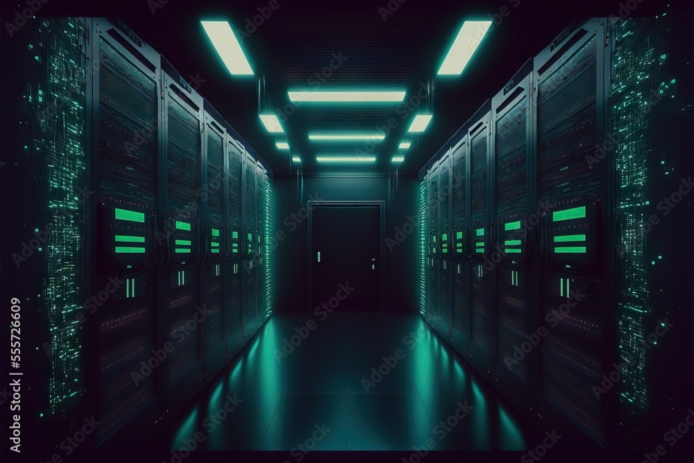Poster a long hallway with rows of servers in it and lights on the ceiling and floor above them. generative
