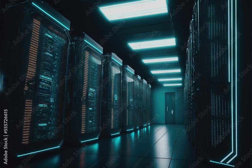 Poster a dark room with rows of servers in it and a door open to the room with lights on the ceiling. gener