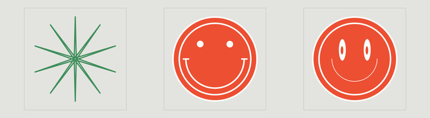 Collection of Y2K elements. Brutalism star and flower shapes. Flat minimalist icons. Futuristic. Vector illustration