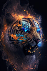 Fractal tiger swirling through flames and smoke