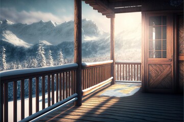 Wooden chalet in the mountains, snowy forest. Wooden house with a balcony against the backdrop of a winter mountain landscape. AI