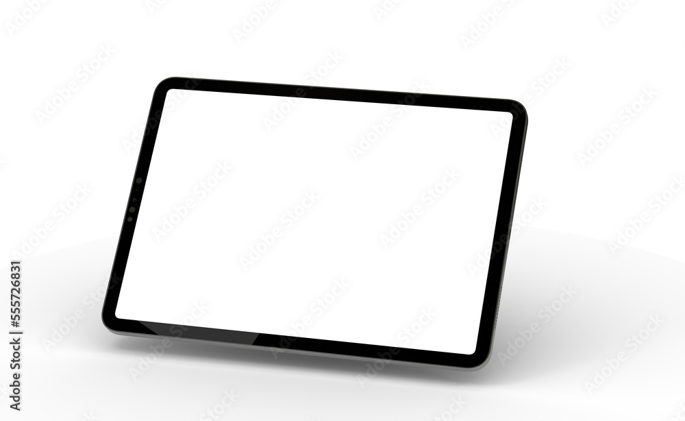 Poster modern tablet computer stand with blank screen isolated on white background