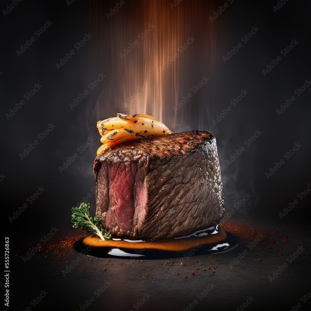 Poster a piece of steak with a side of fries on a plate on a black background with smoke and a small amount