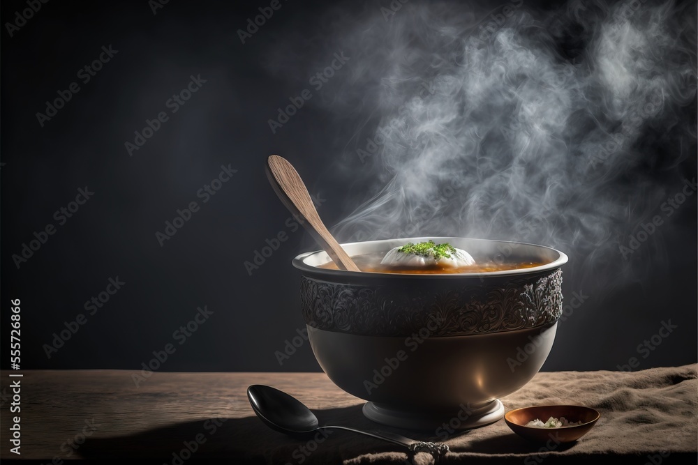 Aufkleber  a bowl of soup with a spoon in it and steam rising from it and a spoon in the bowl. Generative AI
