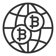 Two bitcoins on the background of the globe - icon, illustration on white background, outline style