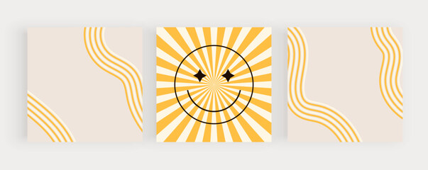Yellow retro groovy backgrounds with sun lines and face smiley
