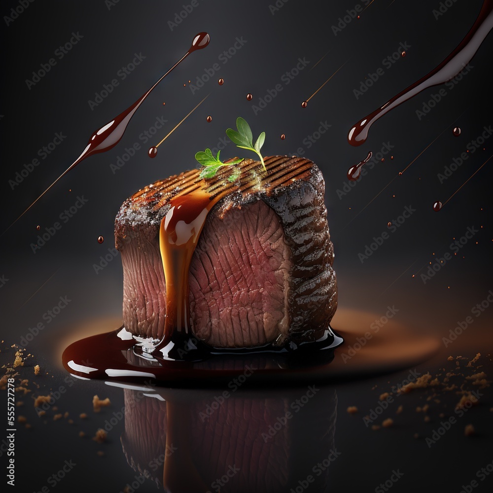 Poster a piece of meat with sauce and a sprig of green on top of it on a black surface., generative ai