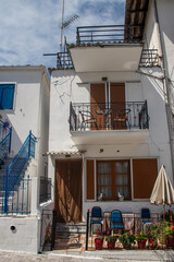 Typical narrow Greek streets and architecture with country side houses style in small village named Potamia at Thasos island, South-East from Thessaloniki 