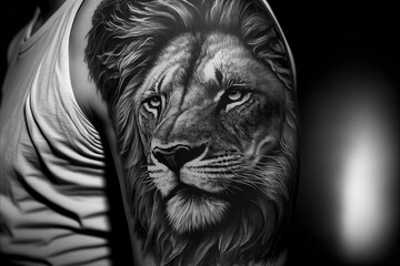  a man with a lion tattoo on his arm and shoulder. Generative AI