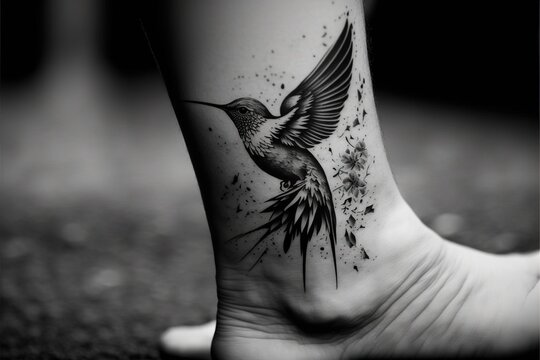  a black and white photo of a hummingbird on a foot tattoo design on a girl's leg. Generative AI