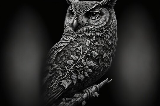  a black and white photo of an owl on a branch with leaves on it's head and eyes. Generative AI